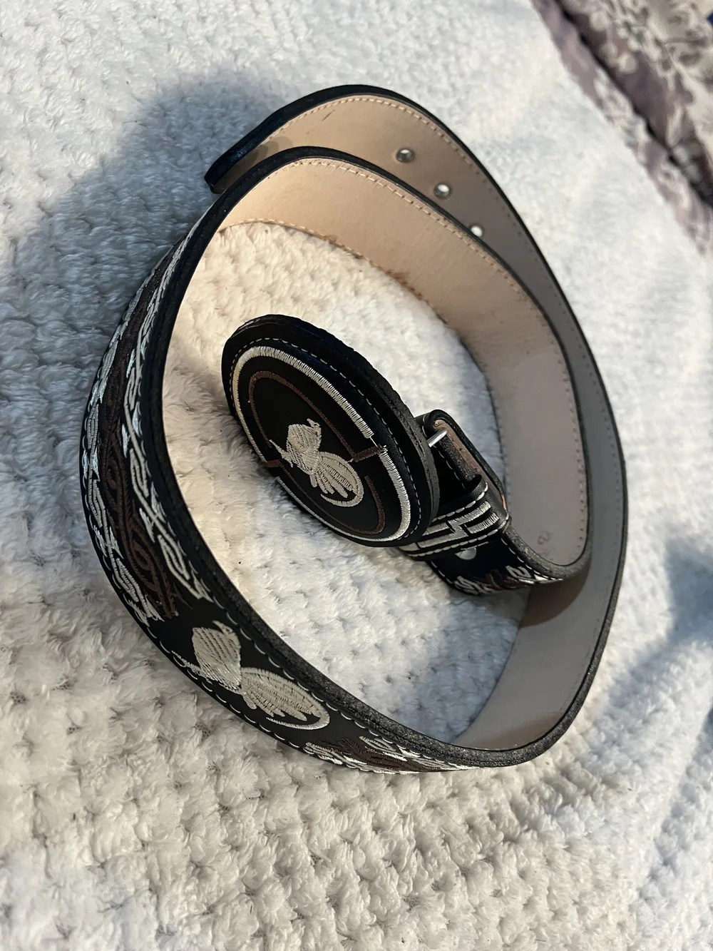 Embroidered Black & Brown Men's Leather Belt with Silver Stitching